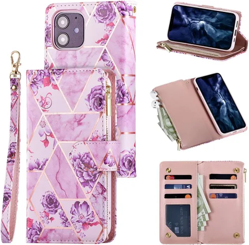 Vista 12 de UEEBAI Funda tipo cartera para iPhone 12/iPhone 12 Pro, funda de cuero PU con cierre magnético Bolso con cremallera Estuche de bolsillo con Negro