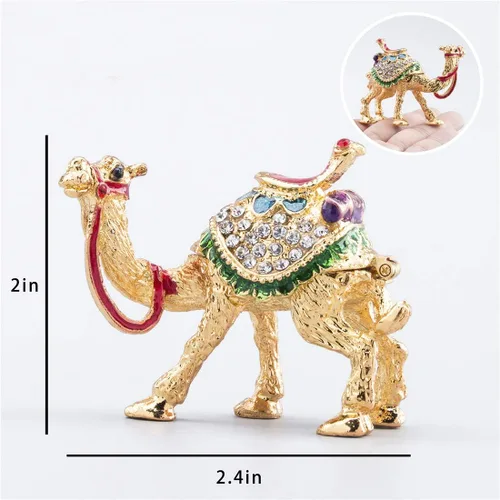 Vista 2 de YU FENG Adorno decorativo de figuras de camello de cristal dorado de 2.4 pulgadas, estatuas de camello esmaltadas doradas, caja de joyería