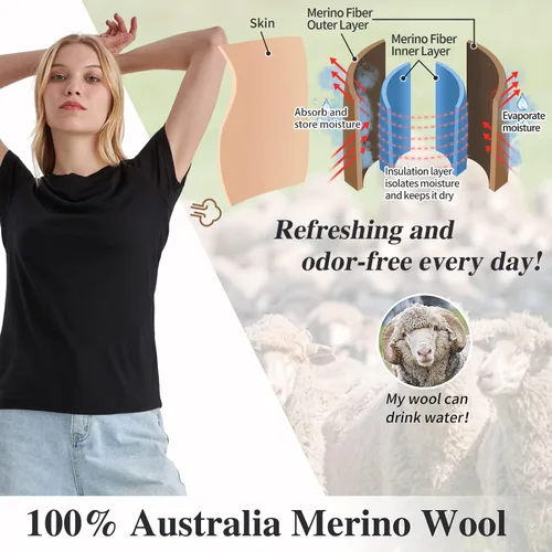 Vista 3 de Merino Protect Camisetas 100% de lana merino para mujer, cuello redondo, manga corta, resistencia al olor, capa base, viajes, senderismo, camiseta