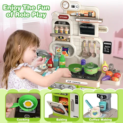 Vista 5 de Juego de cocina, juego de cocina para niños con sonido y luz realista, estufa de cocina, fregadero, comida de juego y accesorios, 57 piezas