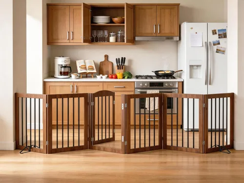 Vista 6 de Vantas Puerta plegable para mascotas de 80 pulgadas de ancho, 30 pulgadas de alto, puerta de madera para perros sin montaje con puerta pasante