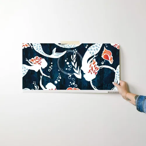 Vista 7 de Papel tapiz para despegar y pegar – Acuarela Sirena Natación Azul Marino Algas Coral Sirena Papel pintado extraíble personalizado por Spoonflower