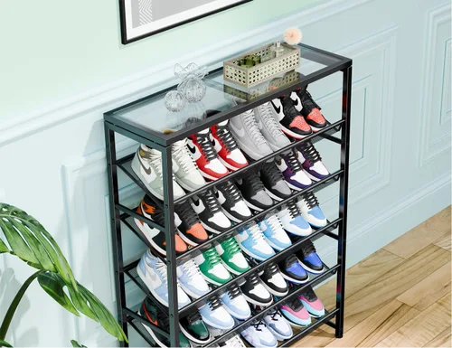 Vista 8 de Simple Trending Zapatero, organizador de zapatos de 6 niveles con capacidad para 25 pares, almacenamiento de zapatos de metal con estantes