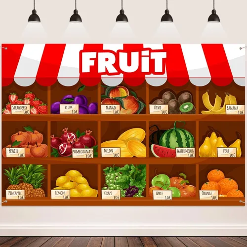Vista 4 de Fondo de supermercado de frutas Exposición de frutas de verano Temporada de cosecha Uvas de fresas Fondo de cabina de fotos Fondo de decoración