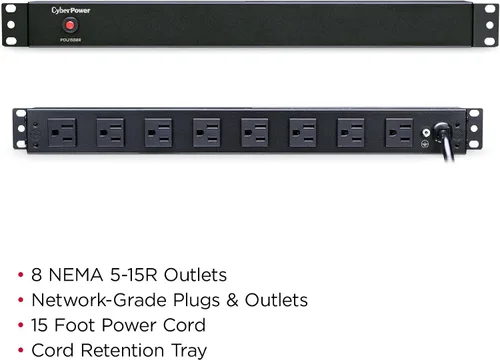Vista 4 de CyberPower PDU15B8R PDU básica, 100-125V, 15A (Derado a 12A), 8 tomacorrientes, 1U montaje en rack