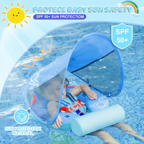 Vista 3 de Mambobaby Baby Float with Canopy & Tail Non-Inflatable Baby Swim Float Upgrade Soft Infant Pool Float Sun Protection Newborn Pool Float 3-24 Months