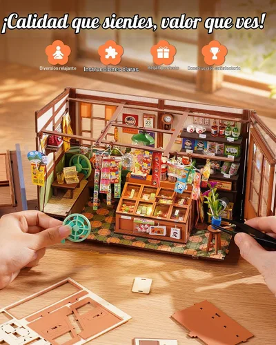 Vista 3 de Rolife Kit de rincón de libros, kit de casa de muñecas en miniatura para adultos, rompecabezas de madera 3D con temática de tienda general japonesa