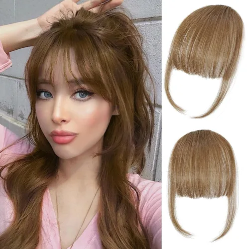 Vista 10 de ELEFOCUS Flequillo con clip, extensiones de cabello humano 100% real, flequillo falso francés 18#, clip de cabello en flequillo para mujeres, flecos