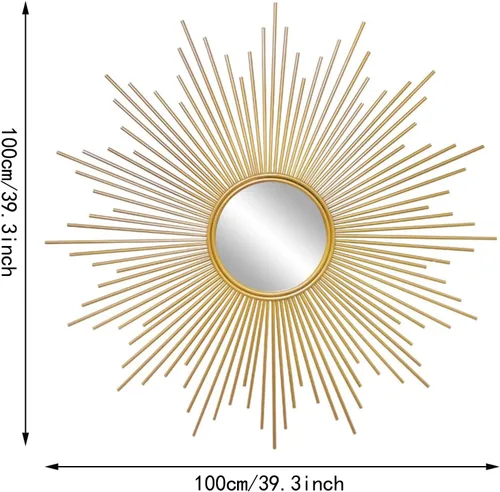 Vista 2 de APLUSH Espejo de pared dorado con forma de explosión de sol de mediados de siglo, moderno Starburst, gran círculo colgante decorativo, para sala