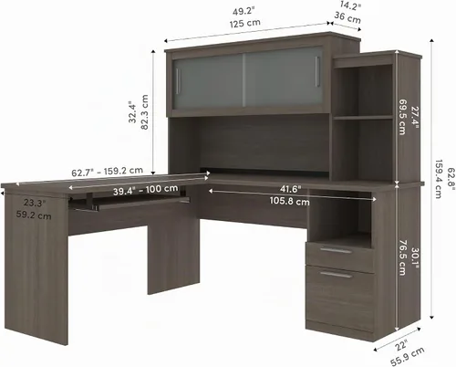 Vista 3 de Bestar Dayton 63W 65W Escritorio en forma de L con gabinete en corteza gris