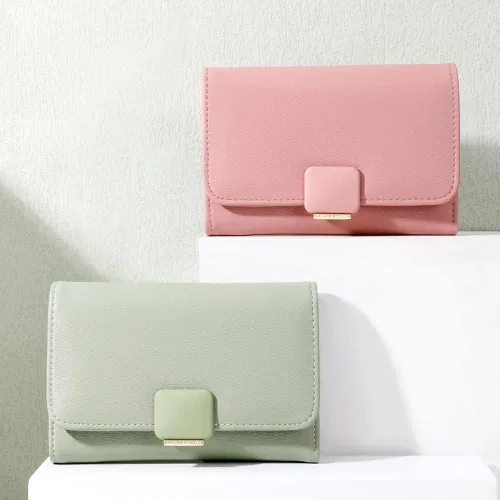 Vista 6 de Cartera pequeña para mujer, tarjetero de piel sintética, bloqueo RFID, con triple pliegue, sobre con cremallera, monedero, rosa ( B - Pink ), Moda