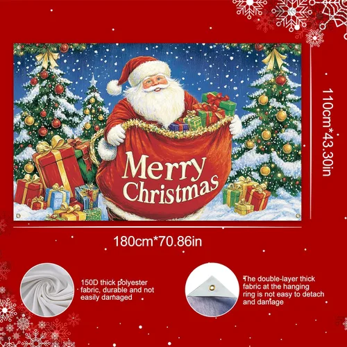 Vista 3 de HOMETITUTE Cartel de Feliz Navidad de Papá Noel de 71 x 43 pulgadas, telón de fondo navideño con bolsa de regalo y árbol de Navidad para interiores