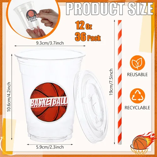 Vista 2 de Sieral 36 vasos de plástico de baloncesto de 12 onzas con tapas, popotes y calcomanías, desechables, transparentes, diseños deportivos
