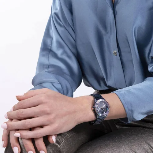 Vista 5 de GUESS US - Reloj analógico de cristal azul e iridiscente para mujer, Arco iris