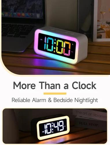 Vista 5 de Cadmos Reloj despertador fuerte para dormitorios con luz nocturna RGB dinámica, para adultos que duermen profundamente, doble alarma, atenuador