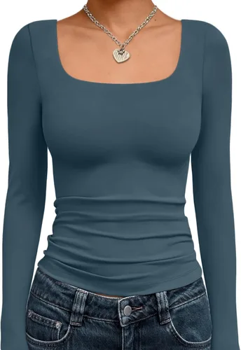 Vista 18 de Trendy Queen - Camisas ombligueras para mujer, manga larga, cuello cuadrado, básicas, para salir, de invierno, Y2K Albaricoque