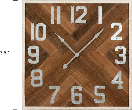 Vista 4 de Creative Co-Op Farmhouse Square Herringbone Wood Inlay and Metal Wall Clock, Distressed Brown