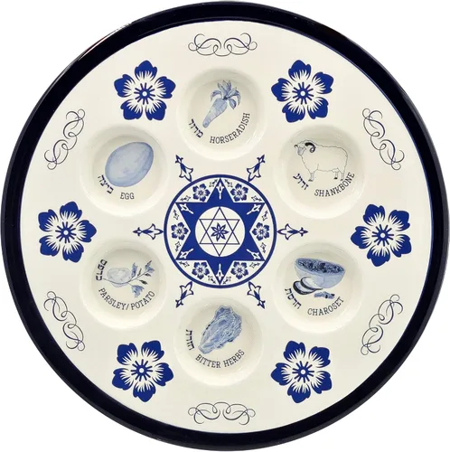Vista 4 de The Dreidel Company Placa de cerámica Seder con diseño renacentista para Pascua, 12 pulgadas de diámetro, color azul (diseño renacentista)