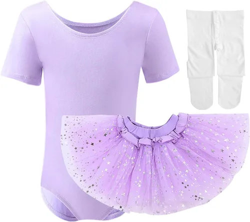 Vista 7 de Dancina Conjunto de ballet para niñas y niños pequeños, leotardo de algodón con tutú brillante y medias de baile a juego Conjunto de traje rosa