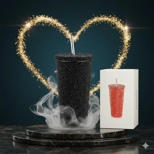 Vista 5 de Vaso térmico con diamantes de imitación con tapa, reutilizable, aislado, de acero inoxidable de alta calidad, botella de agua estética de primera