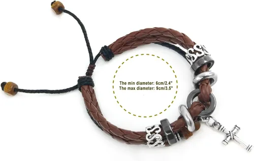 Vista 3 de Suyi brazalete ajustable con varias capas, de cuero tejido trenzado con cruz. Pulsera tipo esclava.