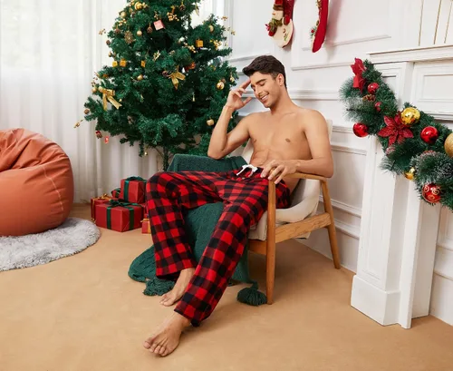 Vista 6 de U2SKIIN Pantalones de pijama de forro polar para hombre, pantalones de Buffalo Plaid-rojo