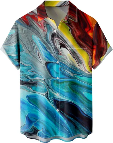 Vista 12 de Camisas tropicales con botones para hombre, camisas hawaianas de manga corta, casuales para vacaciones, camisas de playa holgadas Beige-playa escena