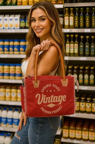 Vista 3 de Bolso de lona para mujer, bolso de hombro con asas de cuero, bolso de playa, bolso, viajes y uso diario (estampado vintage, rojo, 13 x 10 pulgadas)