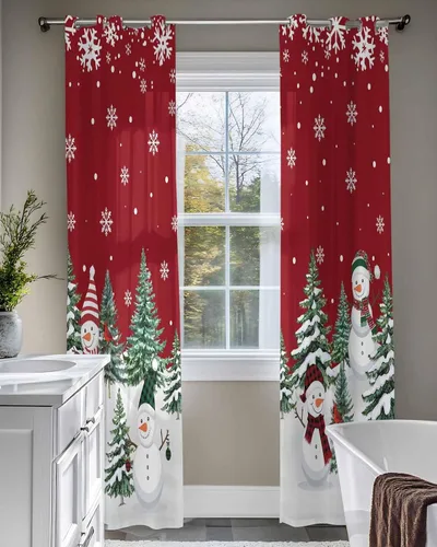 Vista 7 de Cortinas traslúcidas de muñeco de nieve de Navidad de 84 pulgadas de largo, juego de 2 paneles de cortinas para cocina, dormitorio, sala de estar
