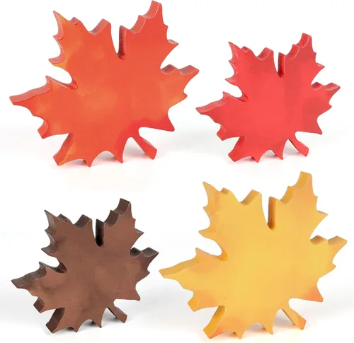 Vista 9 de COCHIE Decoraciones de hojas de otoño de madera para oficina en el hogar, granja, set de 4 para decoración de mesa de Acción de Gracias, bandeja