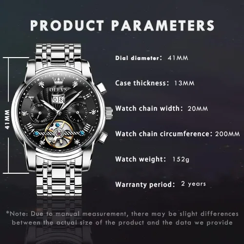 Vista 6 de OLEVS Reloj mecánico automático de acero inoxidable con diseño de esqueleto Tourbillon de cuerda automática vestido de negocios de lujo con fecha