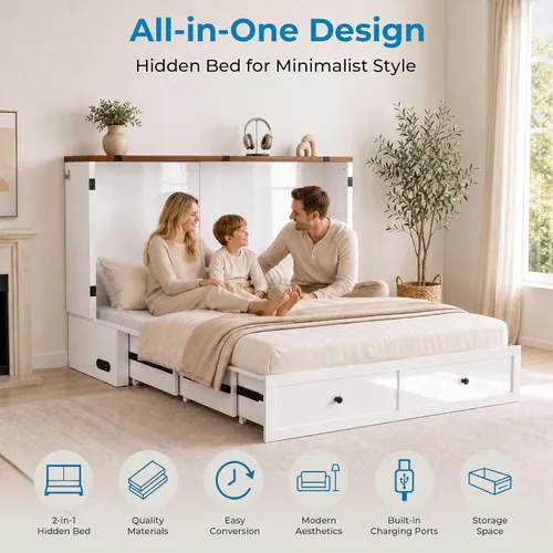 Vista 8 de Mjkone Murphy - Cama de armario con colchón plegable de tres pliegues, tamaño matrimonial, color blanco
