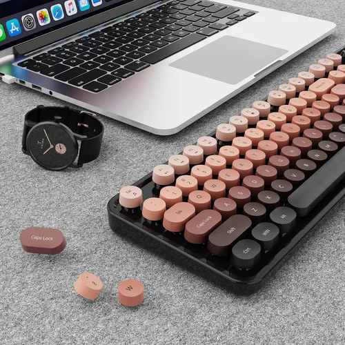 Vista 8 de SkyGive - Combo de teclado y mouse inalámbricos, teclado ergonómico de tamaño completo con diseño retro tipo máquina de escribir, con teclas