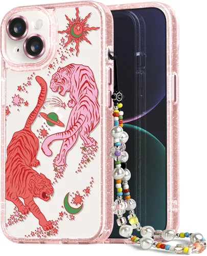 Vista 101 de Compatible para iPhone 13 Funda Bonita Estética - Funda para Teléfono Rosa con Purpurina con Protector de Cámara - Diseño de Cubierta