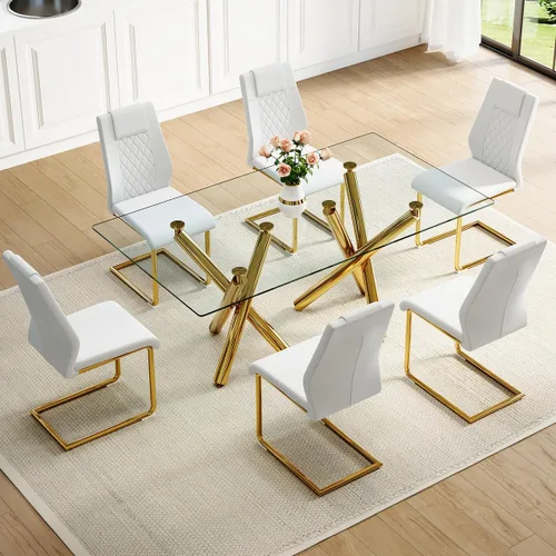 Vista 7 de Juego de mesa de comedor de cristal para 6,71 pulgadas, mesa de comedor para 6, mesa de cocina rectangular grande de vidrio templado y 6 sillas