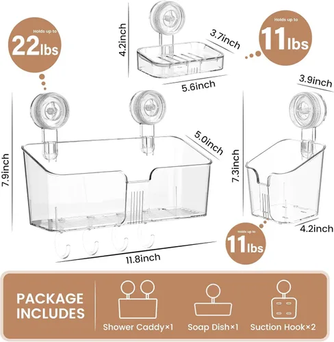 Vista 2 de LUXEAR Organizador de ducha con ventosa transparente – organizador de ducha + jabonera+soporte para cepillo de dientes – 1 segundo instalación sin