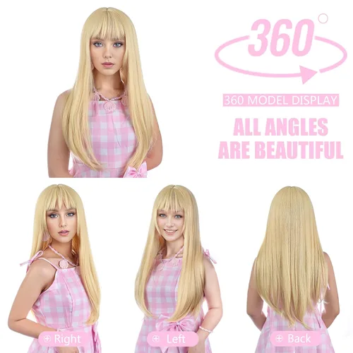 Vista 6 de Peluca rubia con flequillo, peluca larga rubia para cosplay, peluca recta para disfraz de Halloween para mujeres
