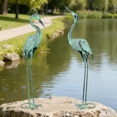 Vista 8 de Decoración de flamencos de metal vibrante, arte de metal grande para patio, decoración al aire libre, estatuas de jardín, flamenco rosa de pie