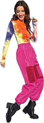 Vista 3 de Floerns Pantalones cargo deportivos de cintura alta con cordón en contraste de malla para mujer