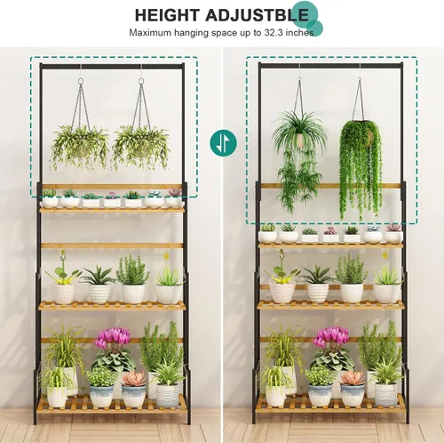 Vista 7 de Ufine - Soporte de bambú para plantas colgantes de 3 niveles con estante en escalera y barra colgante. Organizador de altura ajustable para macetas.