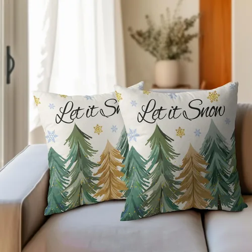 Vista 6 de Juego de 2 fundas de almohada de árbol de Navidad de 18 x 18 pulgadas, fundas de almohada de invierno Let it Snow, diseño de copos de nieve, funda
