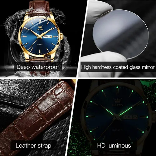 Vista 4 de OLEVS Tienda Watches, reloj de cuero marrón para hombre, reloj de fecha para hombre, reloj luminoso para hombre, reloj de vestir para hombre, reloj