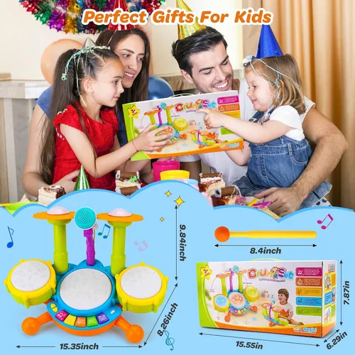 Vista 5 de Juego de batería para niños pequeños de 1 a 3 años, juguetes musicales para bebés de 1 año, regalos para niños, juguetes Montessori para niñas