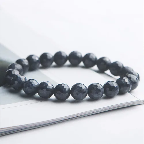 Vista 2 de Muko Gemstone Genuino Natural Azul Zafiro Gemas Corte Facetado Redondo Perlas Mujeres Hombres Pulsera 0.354 in AAAA, Cristal, Piedra preciosa