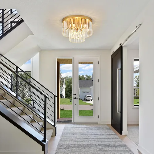Vista 7 de Lámpara de Techo de Cristal Dorado de 17", 9 Luces, Accesorio de Iluminación de Cristal Moderno de 2 Niveles, Lámpara de Techo de Cristal K9 de Oro