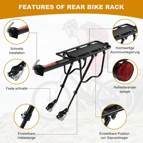 Vista 3 de Rear Bike Rack, Aluminum Alloy, Black, 160 lbs Load Capacity, Quick Release, Cycling Camping Touring