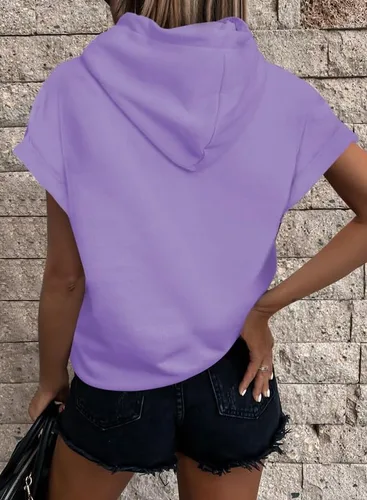 Vista 3 de SHEWIN Sudaderas casuales con capucha para mujer, manga corta, con cordón, ligera, con botones, holgadas