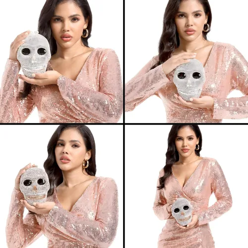 Vista 2 de Boutique De FGG Bolso de mano de cristal de calavera para mujer, bolso de mano de noche con diamantes de imitación, para fiesta, graduación