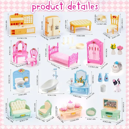 Vista 4 de HAPGFS Set de 45 piezas de muebles de casa de muñecas, accesorios para juego de simulación, dormitorio, sala de estar, baño, cocina, muebles mini