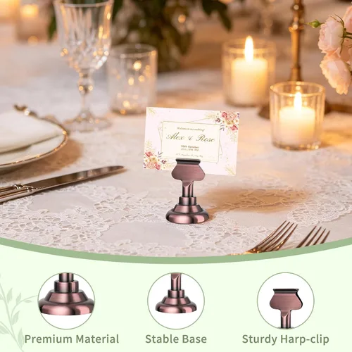 Vista 3 de Urban Deco Paquete de 16 soportes para tarjetas de número y lugar de mesa, soportes de acero de 1.7 pulgadas para fotos, letreros de alimentos, Cobre